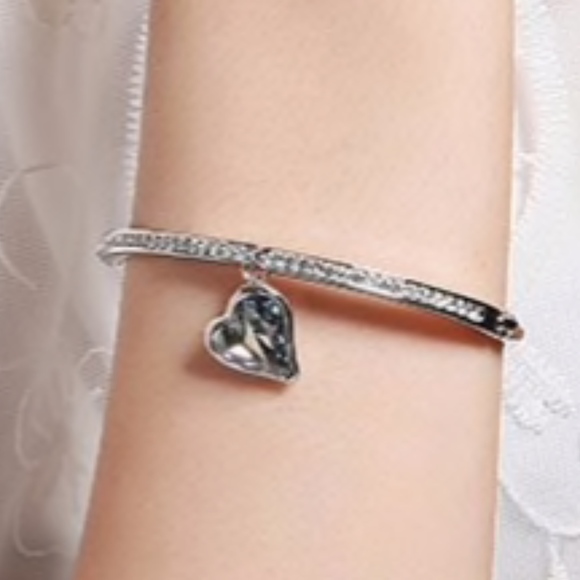 Swarovski Blue Crystal Silver Heart Charm Bangle - Picture 2 of 7